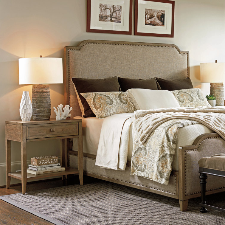 Sophisticated Flax Linen Camelback Queen Headboard with Antique Brass Nailhead Trim