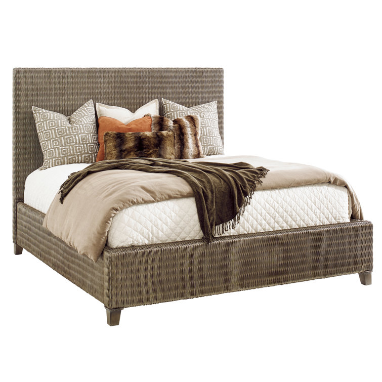 Gray Woven Rattan King Platform Bed with Headboard