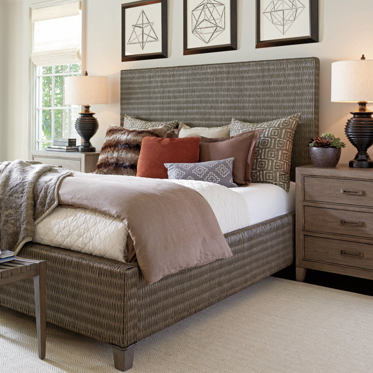 Gray Woven Rattan King Platform Bed with Headboard