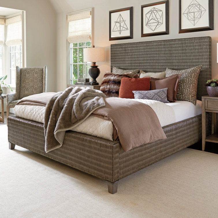 Gray Woven Rattan King Platform Bed with Headboard