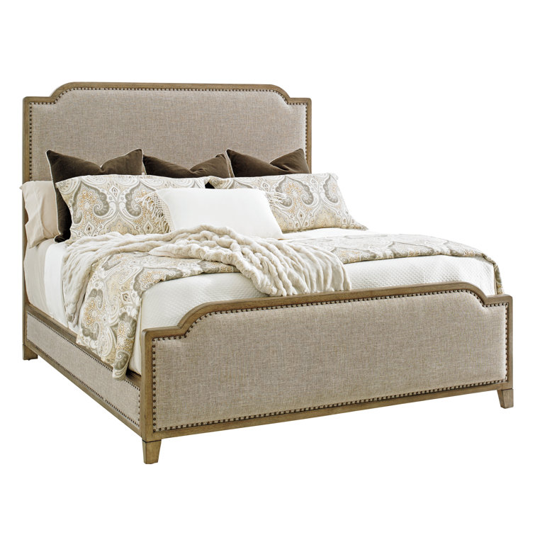 Transitional Hatteras Gray King Upholstered Bed with Nailhead Trim