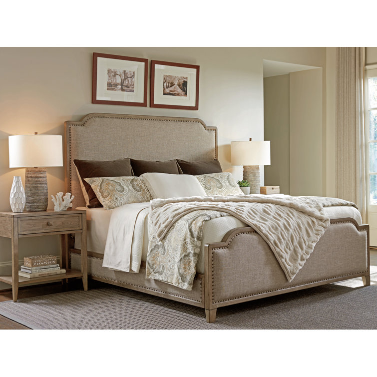 Transitional Hatteras Gray King Upholstered Bed with Nailhead Trim