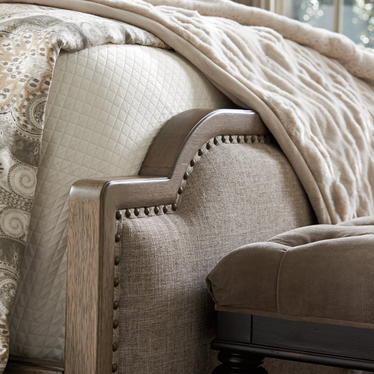 Transitional Hatteras Gray King Upholstered Bed with Nailhead Trim