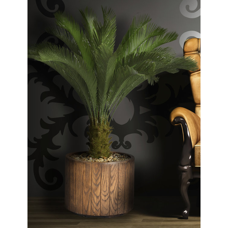 Tall Green Plastic Cycas Palm Tree in Black Planter