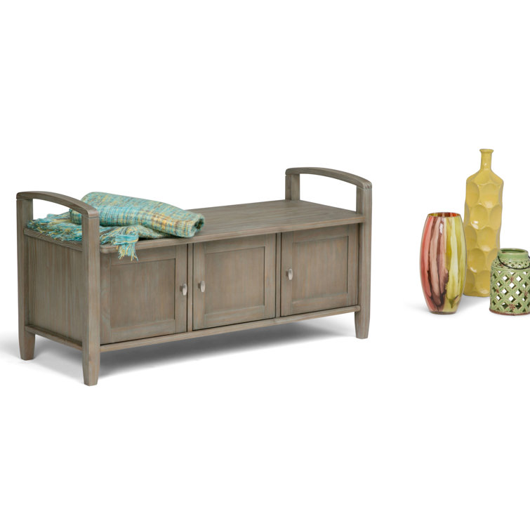 Rustic Distressed Gray 44" Solid Hardwood Storage Bench with Armrests