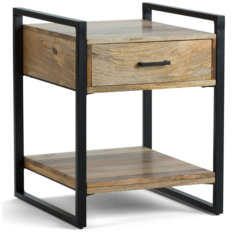 Riverside Black Metal and Natural Wood 20" Industrial Side Table with Storage