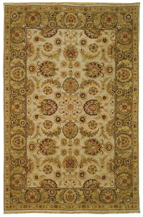 Ivory and Green Hand-Knotted Wool Oriental Rug, 6' x 9'