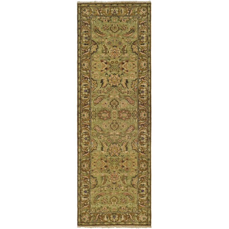 Hand-Knotted Light Green and Gold Wool Runner Rug