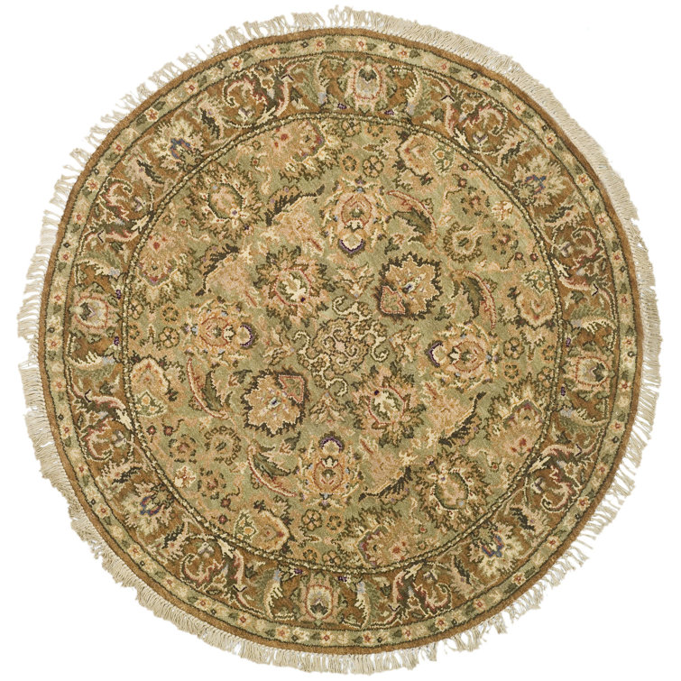 Hand-Knotted Light Green and Gold Wool Round Area Rug