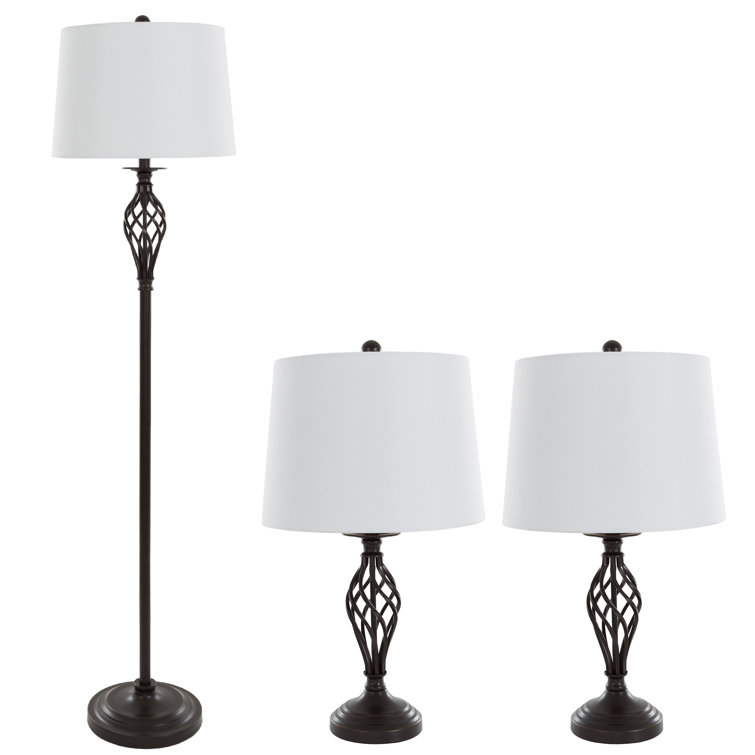 Elegant Spiral Cage Bronze Table and Floor Lamp Set with Cream Drum Shades