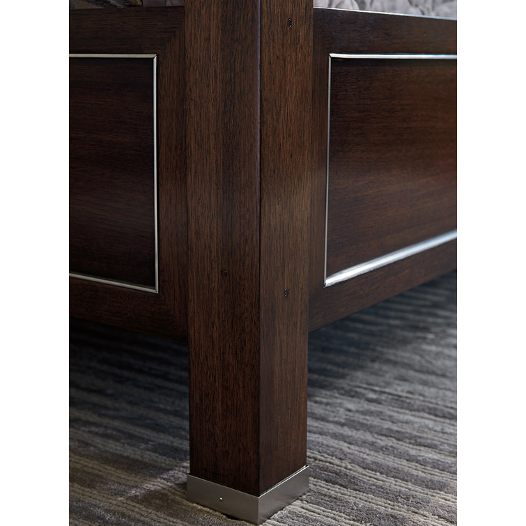 Walnut Wheat King Poster Bed with Tufted Upholstered Headboard