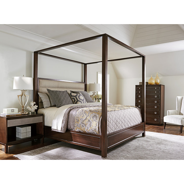 Walnut Wheat King Poster Bed with Tufted Upholstered Headboard