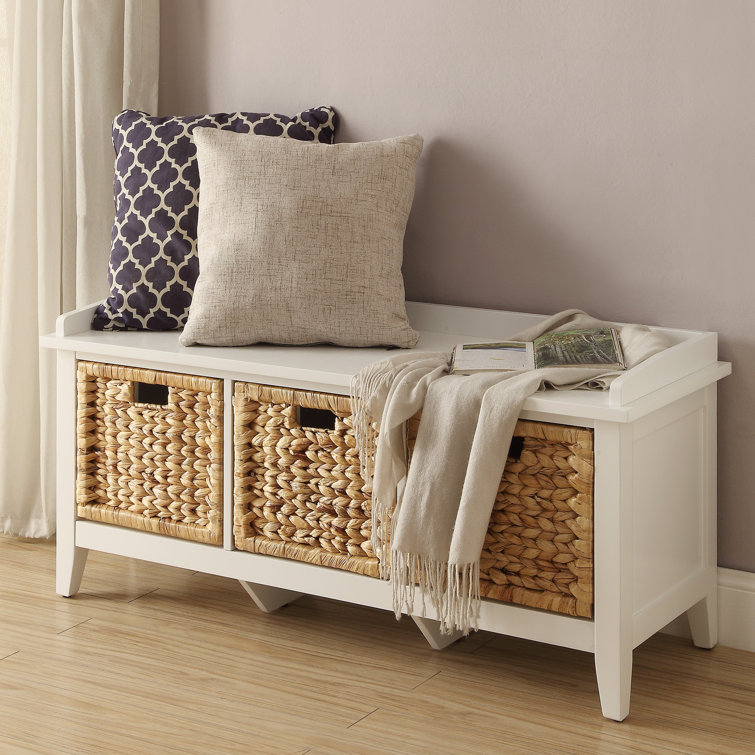 White Wood and Rattan Storage Bench with Drawers