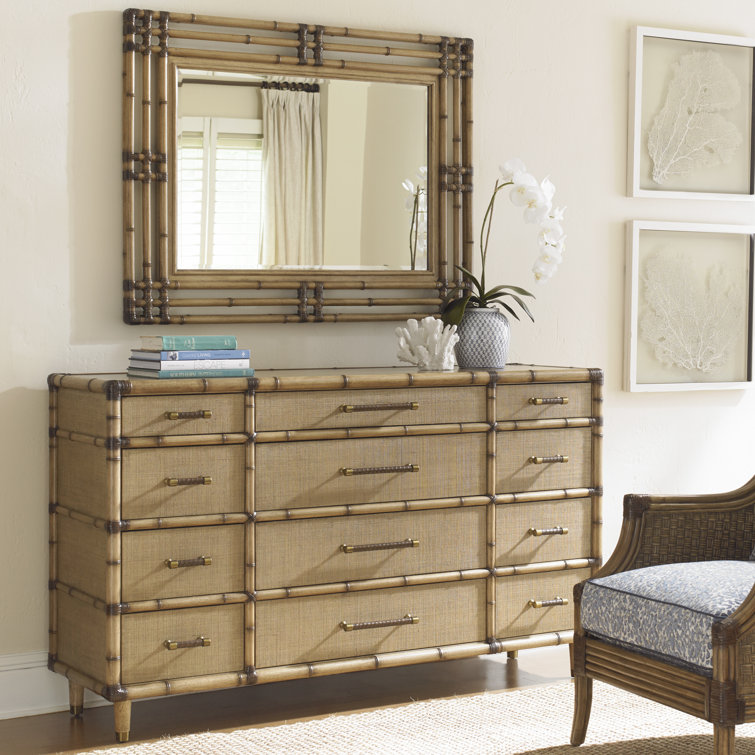 Twin Palms 68" Brown Coastal Woven Raffia 12-Drawer Dresser