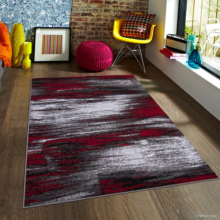 Red and Gray Abstract Stain-Resistant Synthetic Area Rug 5' x 7'