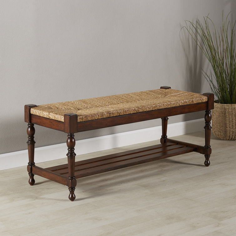 Mahogany Woven Seat Bench with Storage Shelf
