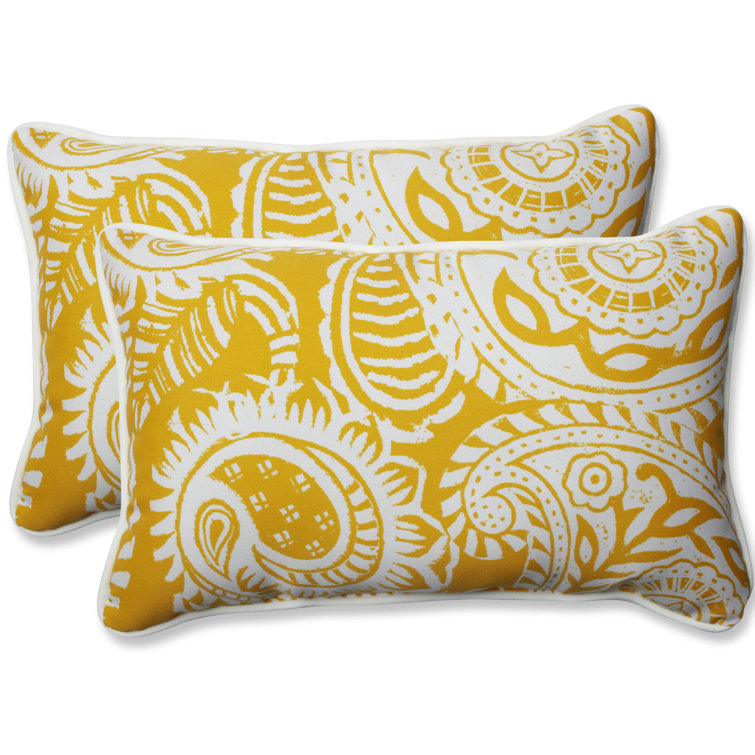 Yellow and Off-White Paisley Rectangular Outdoor Lumbar Pillow Set