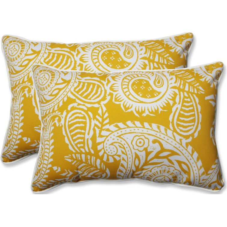 Yellow and Off-White Paisley Rectangular Outdoor Lumbar Pillow Set