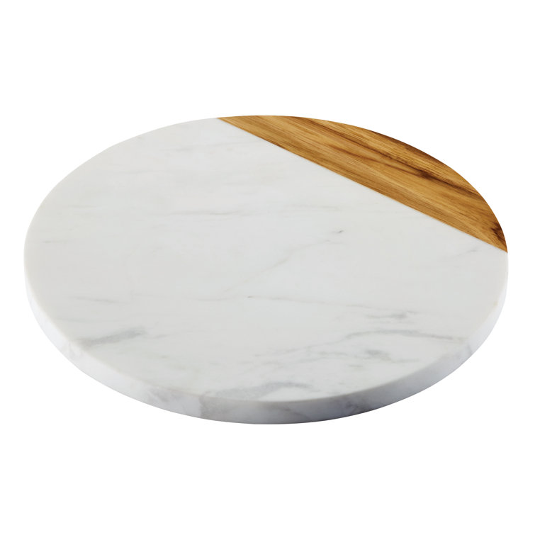 White Marble and Teakwood Round Serving Board, 10-Inch