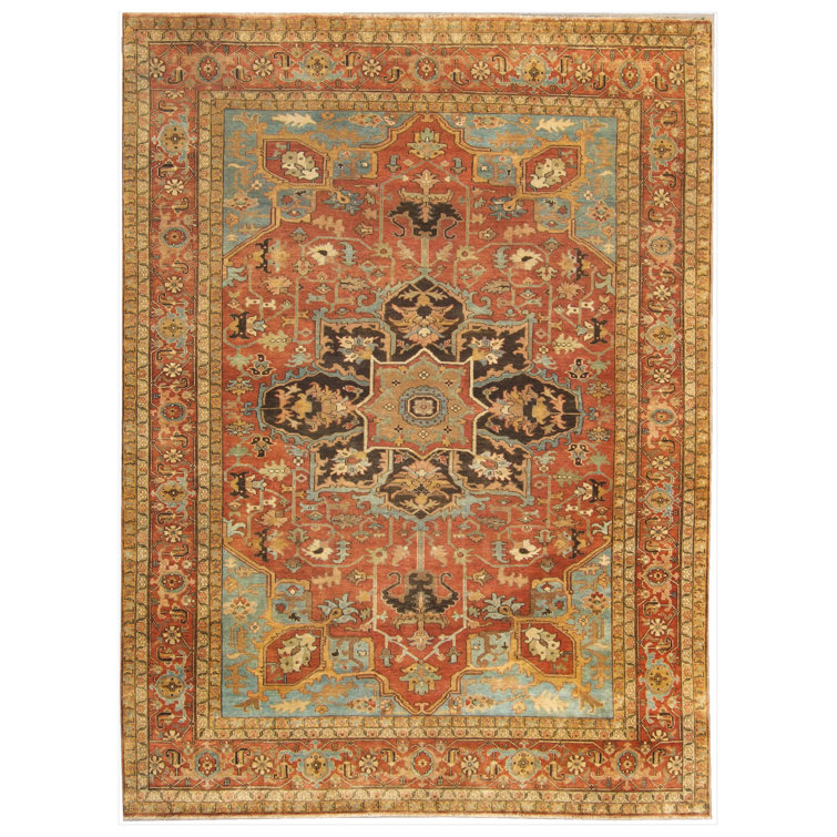 Hand-Knotted Blue and Rust Wool Geometric 9' x 12' Rug