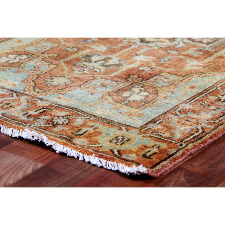 Hand-Knotted Blue and Rust Wool Geometric 9' x 12' Rug