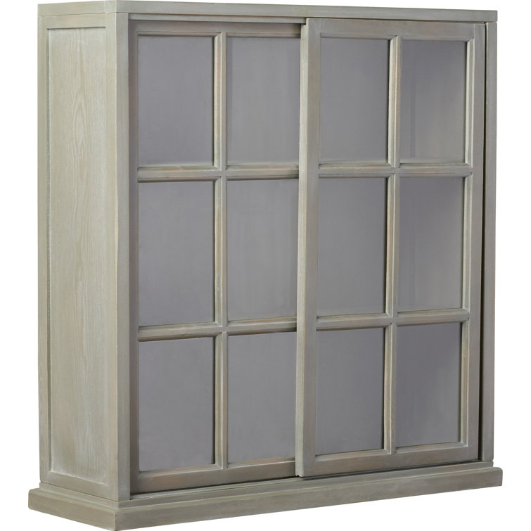 Transitional Gray Elm Wood 3-Tier Bookcase with Glass Doors