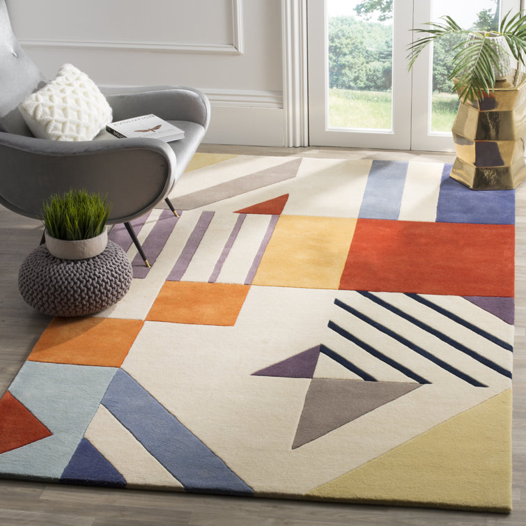 Ivory Square Tufted Handmade Wool Rug with Non-Slip Feature