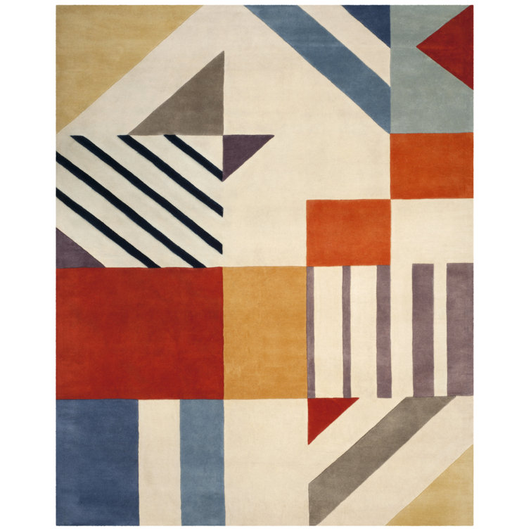Hand Tufted Geometric Wool Rug in Blue, Red, and Ivory