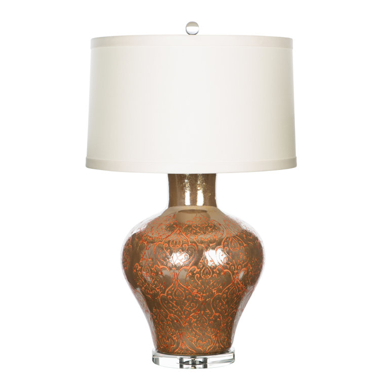Bronze Ceramic Table Lamp with Cream Linen Shade and Clear Crystal Base