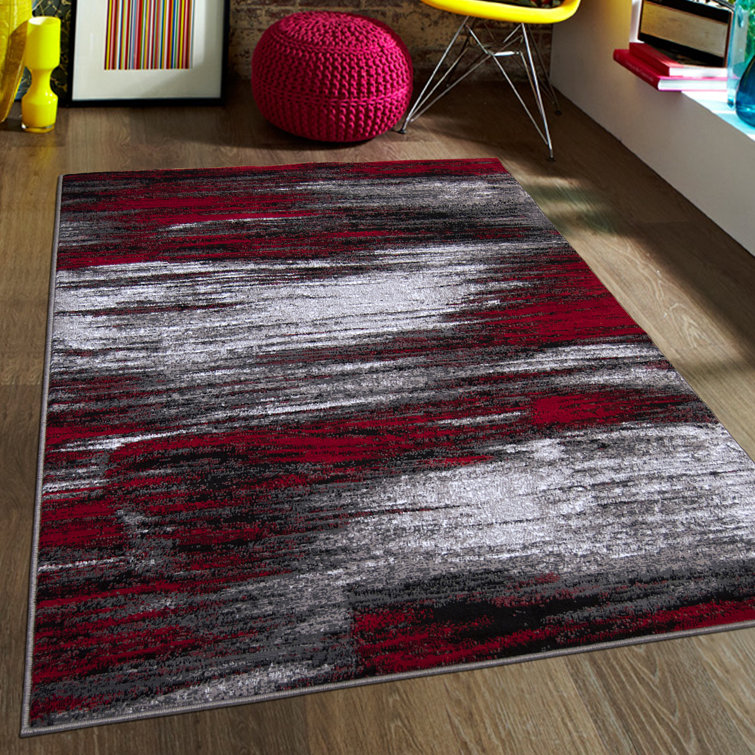 Red and Gray Abstract Stain-Resistant Synthetic Area Rug 5' x 7'