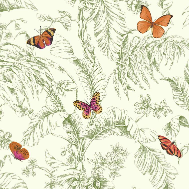 Green and Orange 3D Butterfly Botanical Vinyl Wallpaper