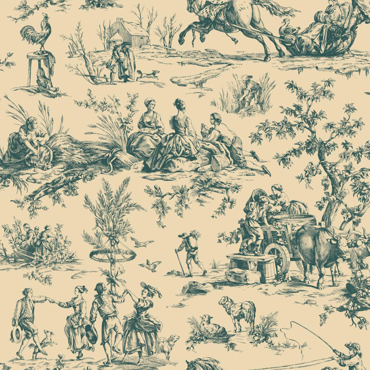 Blue and Tan Colonial Farmstead Toile Wallpaper