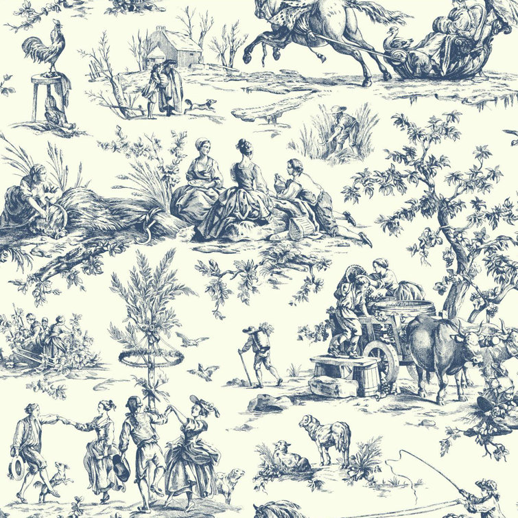 Navy and Off-White Colonial Farmstead Toile Wallpaper