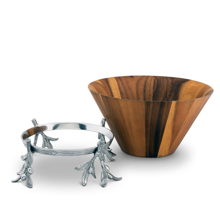Acacia Wood Salad Bowl with Aluminum Olive Branch Stand