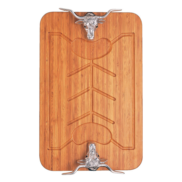 Arthur Court Western Bamboo Wood Carving Board with Aluminum Longhorn Handles