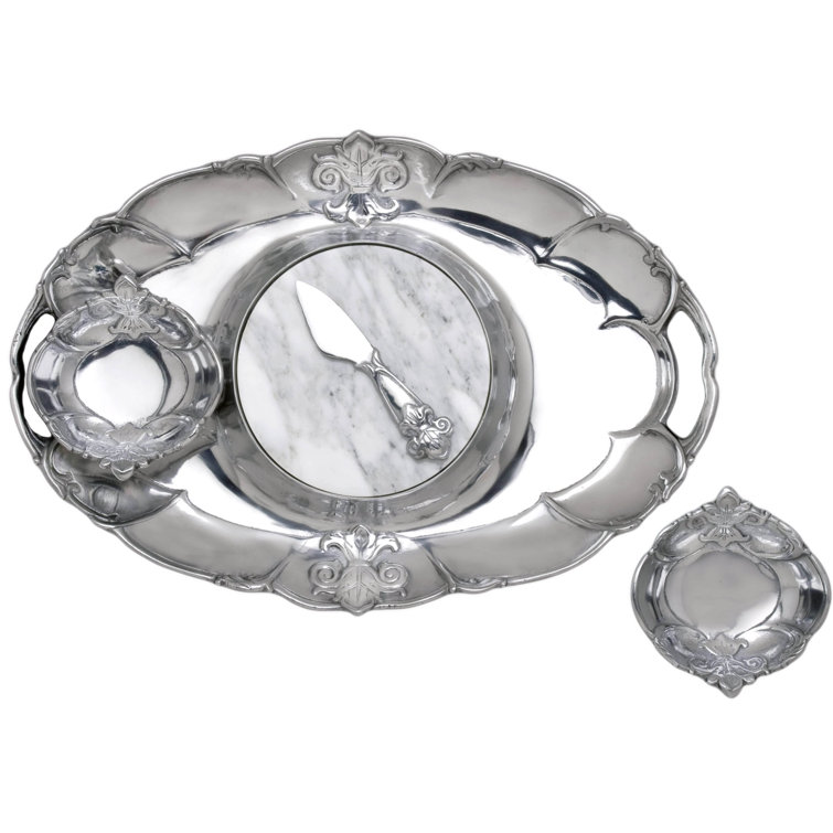 Arthur Court Fleur De Lis Aluminum Oval Serving Tray with Marble Insert