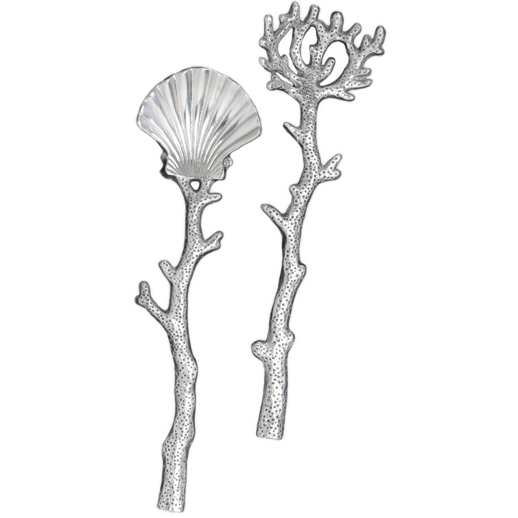 Silver Aluminum Coastal Shell and Coral Salad Servers