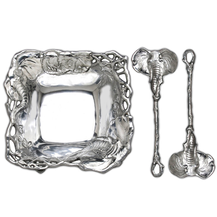 Arthur Court Elephant Aluminum Salad Bowl with Serving Spoons