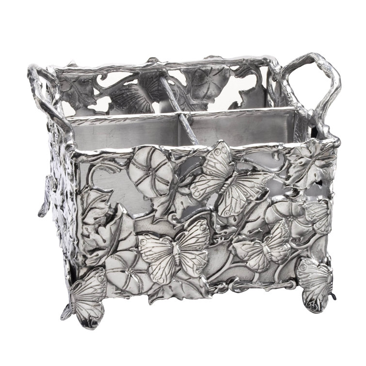 Silver Butterfly and Floral Aluminum Square Flatware Caddy