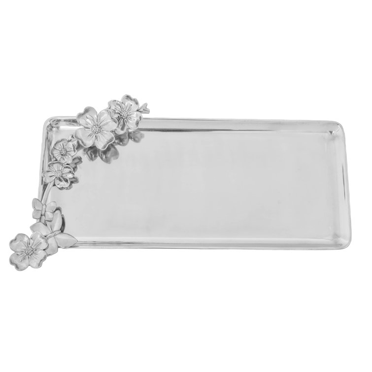 Elegant Silver Aluminum Butterfly and Floral Rectangular Tray