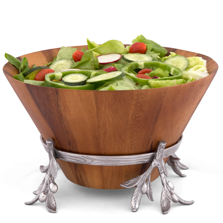 Acacia Wood Salad Bowl with Aluminum Olive Branch Stand