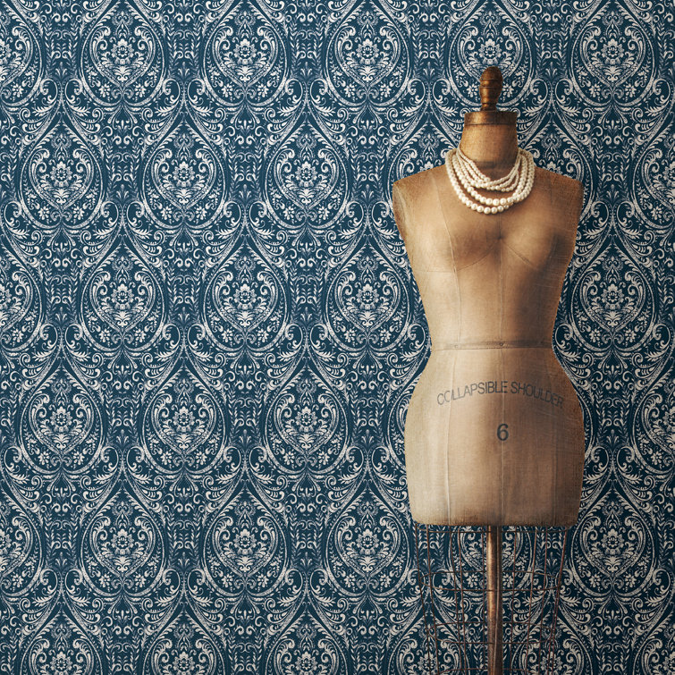 Indigo Blue Damask Peel & Stick Vinyl Wallpaper
