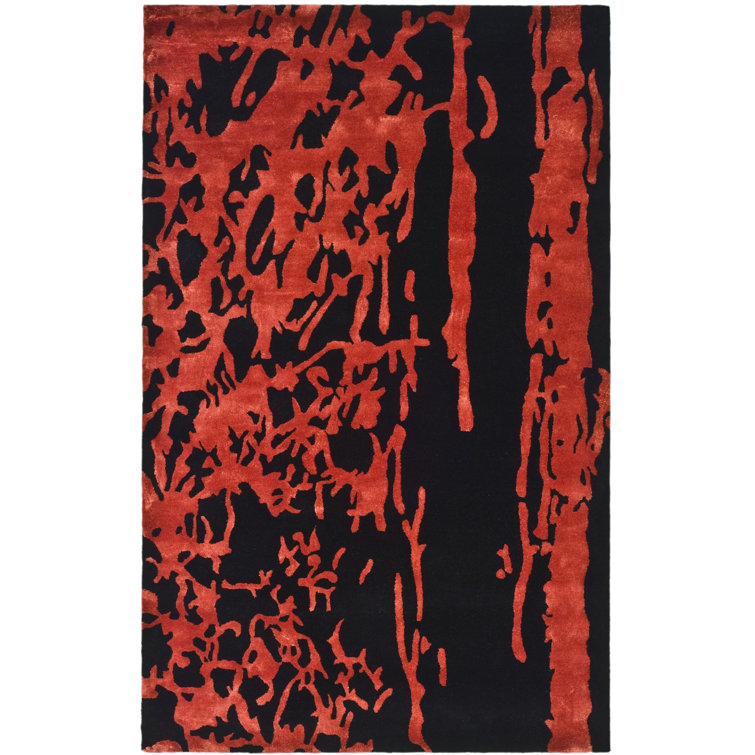 Handmade Black and Red Wool Abstract 5' x 8' Rug