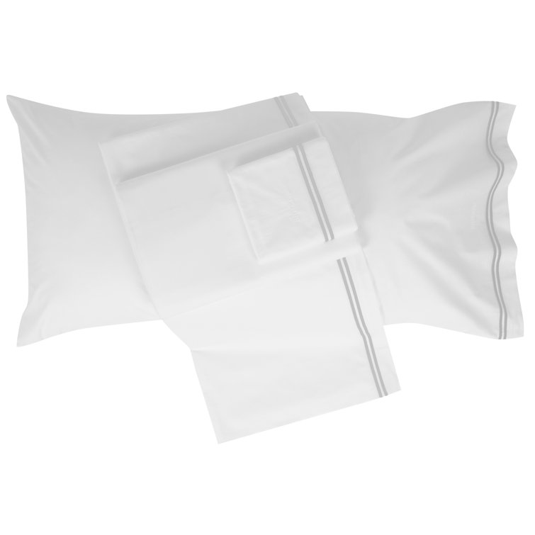 Twin White/Grey Egyptian Cotton Embroidered Percale Sheet Set