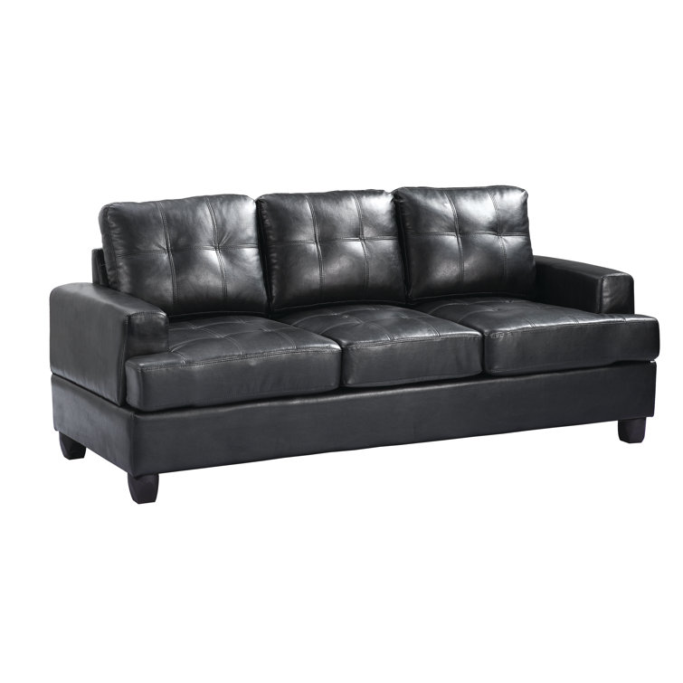 Black Tufted Faux Leather Three Piece Sofa with Wood Track Arm