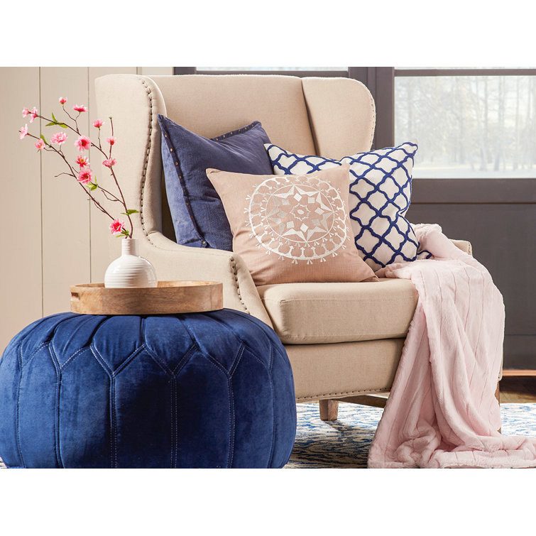 Blue Floral Oversized Round Pouf Ottoman with White Stitching