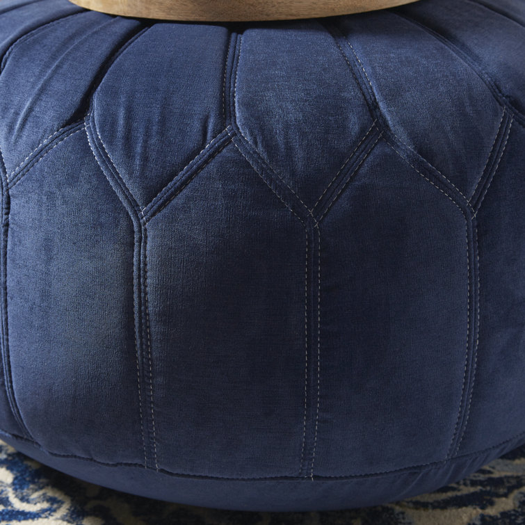 Blue Floral Oversized Round Pouf Ottoman with White Stitching