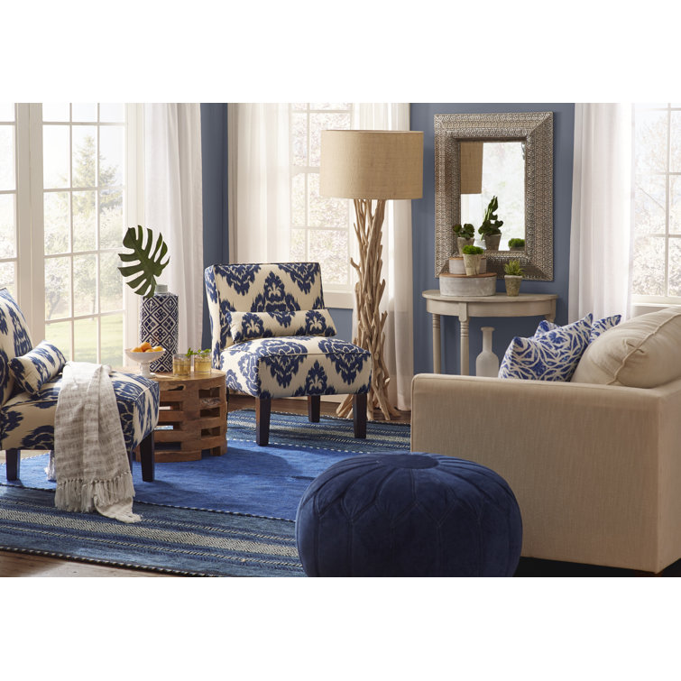 Blue Floral Oversized Round Pouf Ottoman with White Stitching