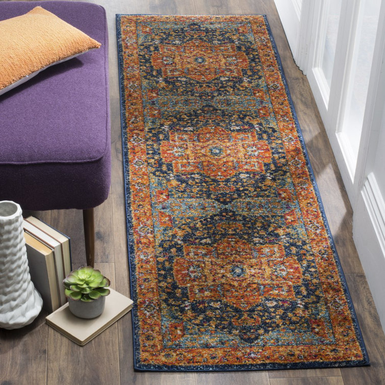Evoke Blue and Orange Synthetic Stain-Resistant Runner Rug