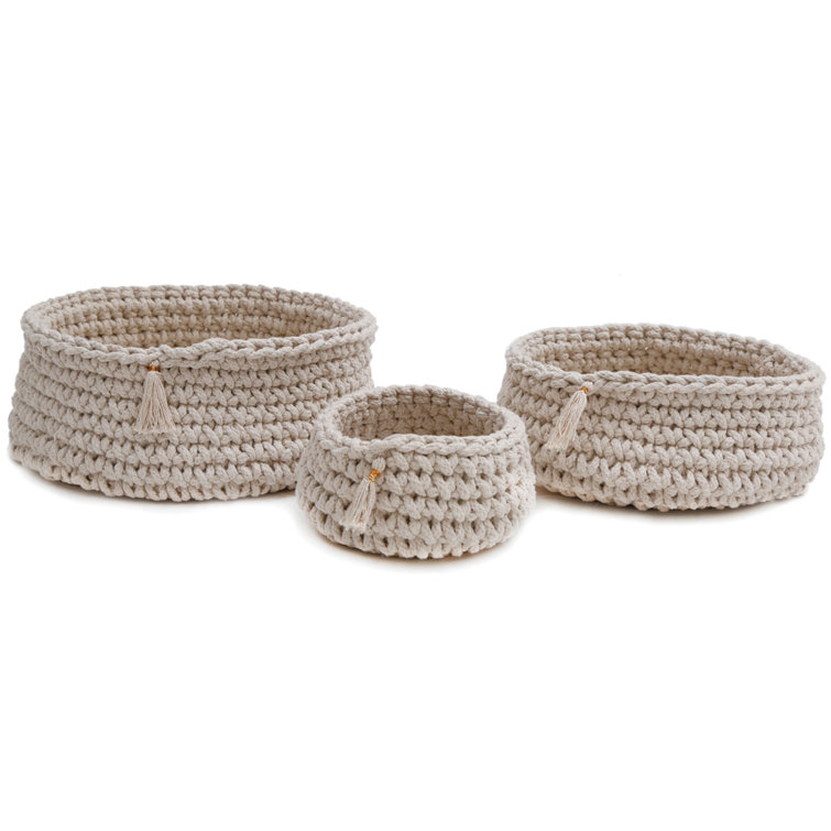 Ivory Handwoven Round Fabric Storage Basket Set